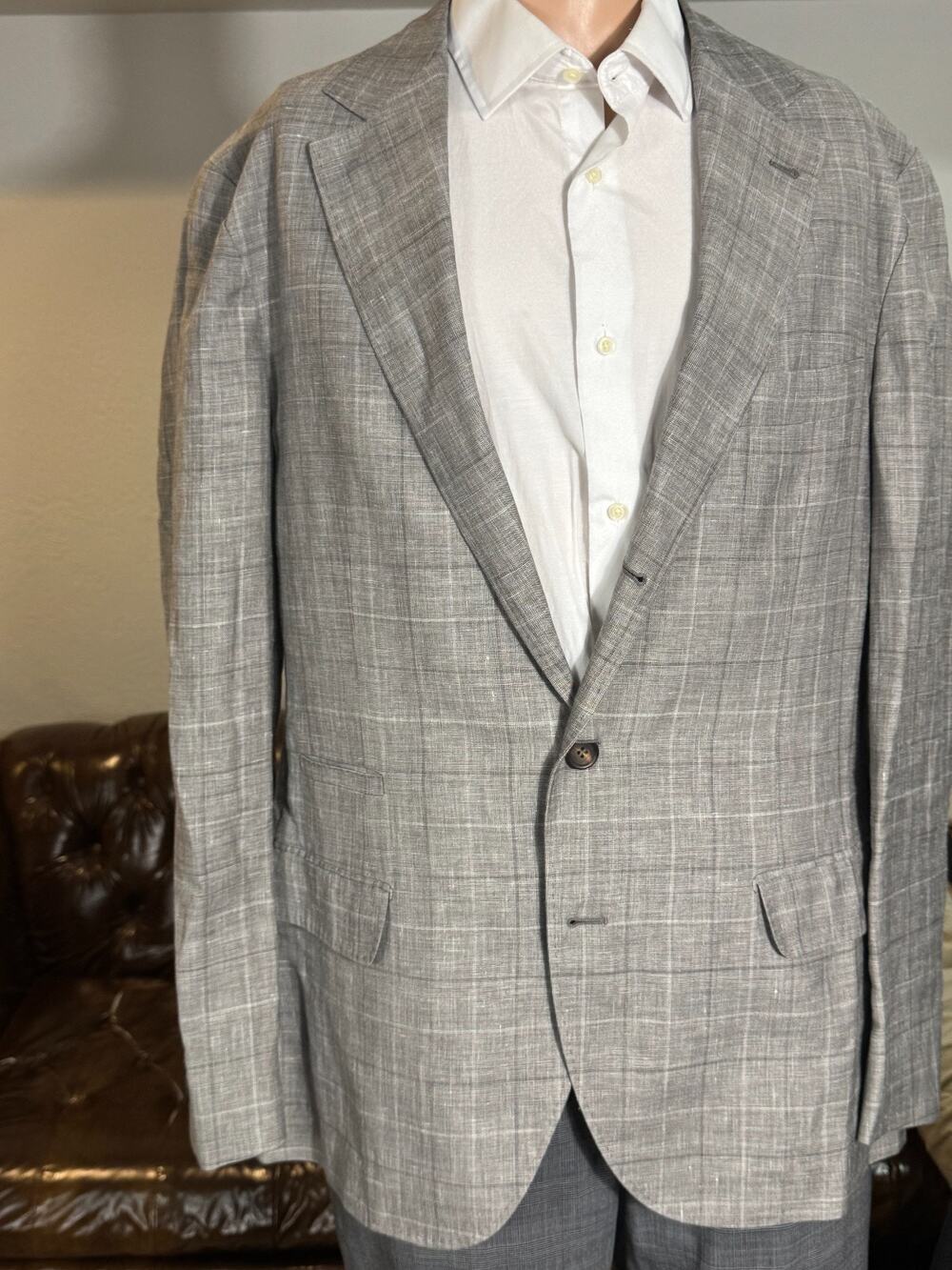 Brunello Cucinelli Gray Houndstooth Plaid Linen Silk Sportcoat Blazer 54IT 44R